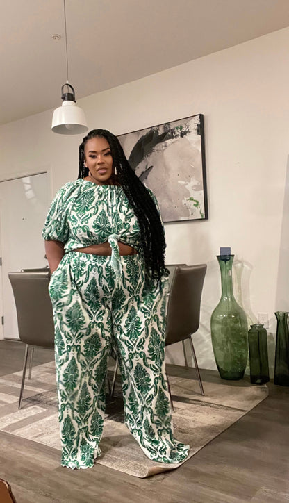 GREEN/WHITE PRINTED OFF SHOULDER 2-PIECE PANT SET