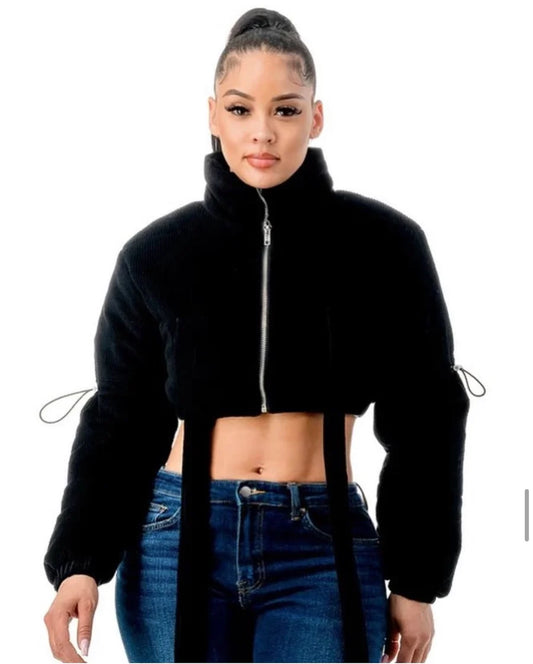 BLACK Chunky Corduroy Cropped Puffer Jacket