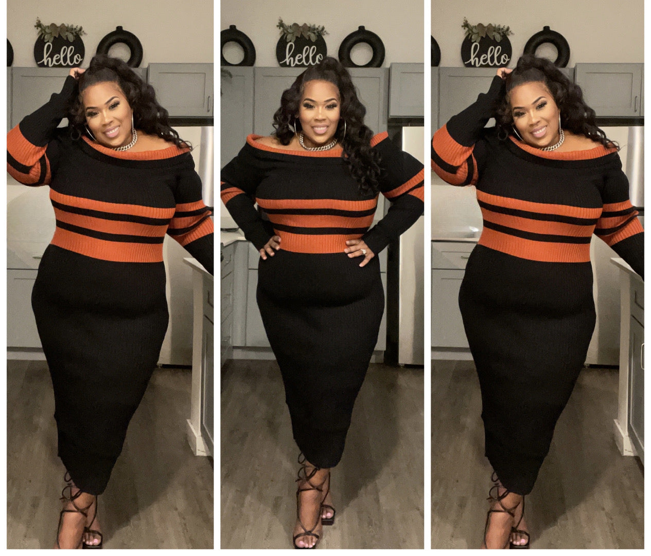 PLUS SIZE BLACK/RUST STRIPED LONG SLEEVE SWEATER DRESS