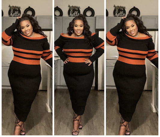 PLUS SIZE BLACK/RUST STRIPED LONG SLEEVE SWEATER DRESS