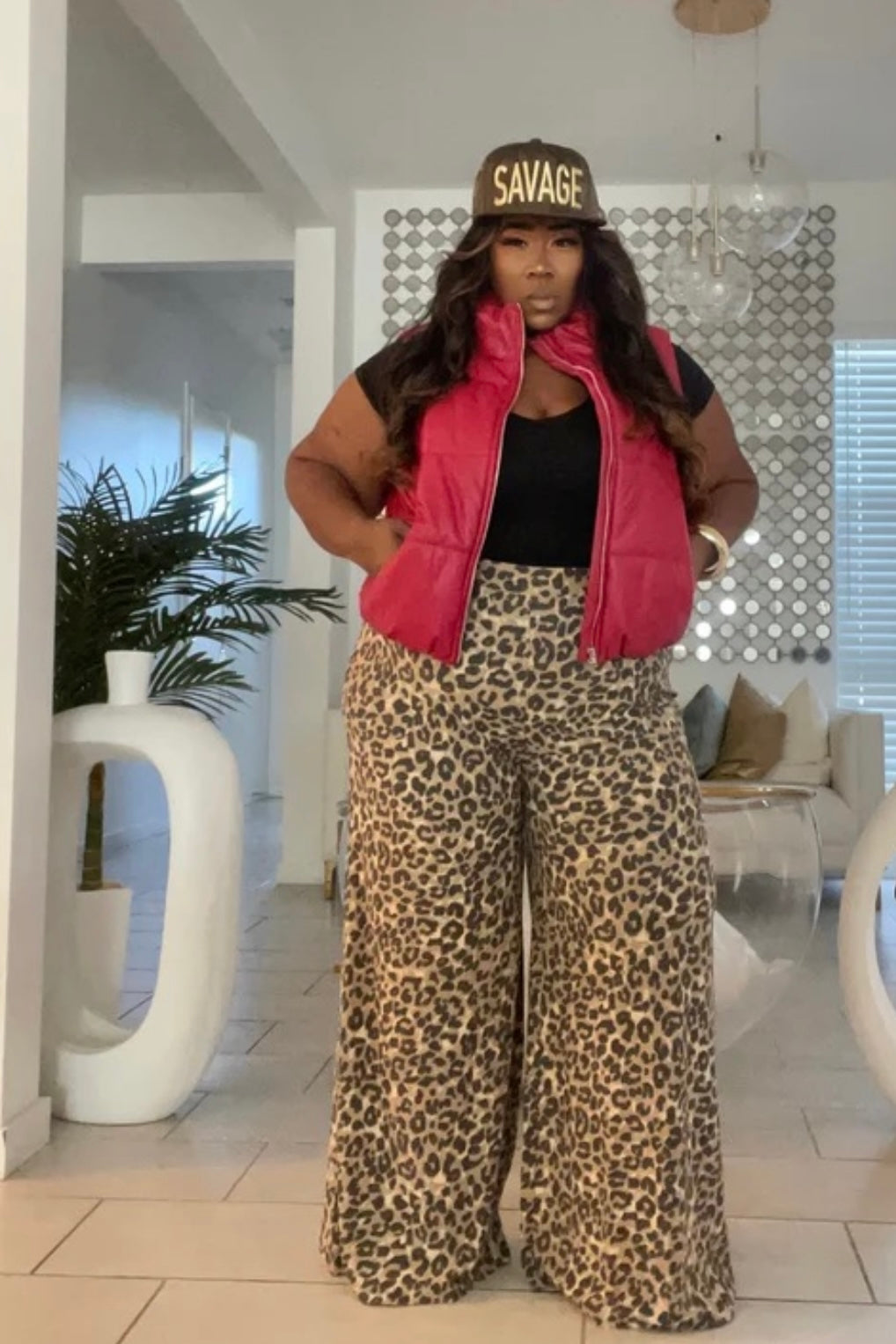 PLUS SIZE WIDE LEG ANIMAL PRINTED PALAZZO PANTS BROWN