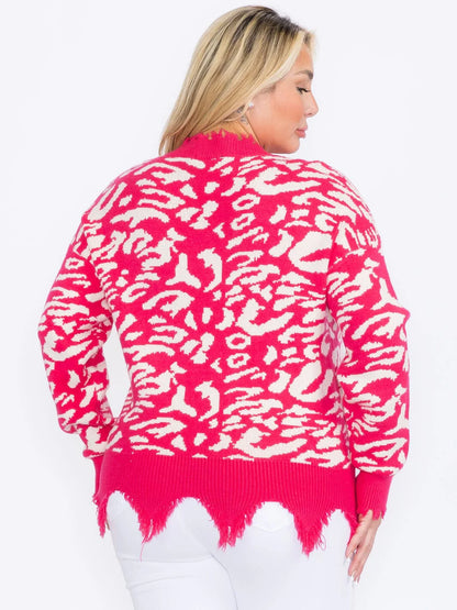 PULLOVER DESTROYED EDGE ANIMAL PRINT SWEATER-FUSCHIA