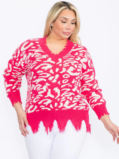 PULLOVER DESTROYED EDGE ANIMAL PRINT SWEATER-FUSCHIA