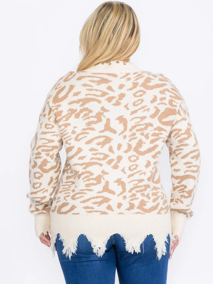 PULLOVER DESTROYED EDGE ANIMAL PRINT SWEATER-BEIGE