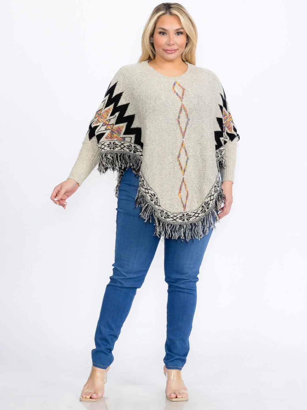 PULLOVER COLORBLOCK PRINTED PONCHO-BEIGE MIX