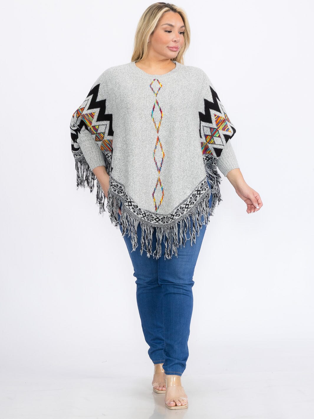 PULLOVER COLORBLOCK PRINTED PONCHO-GREY MIX