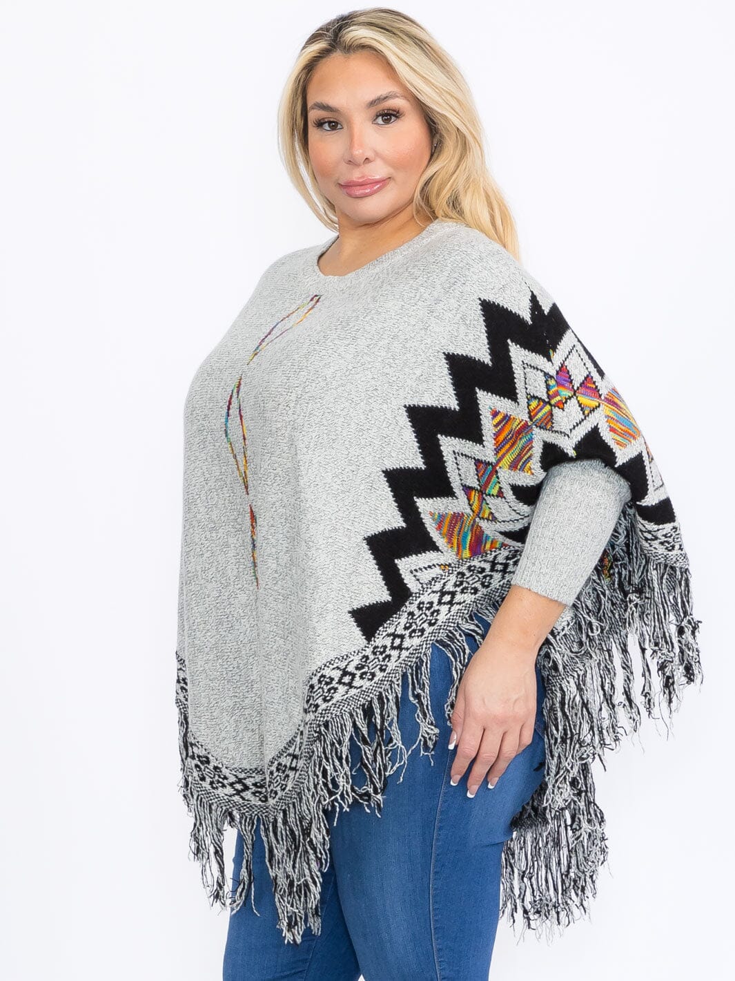 PULLOVER COLORBLOCK PRINTED PONCHO-GREY MIX