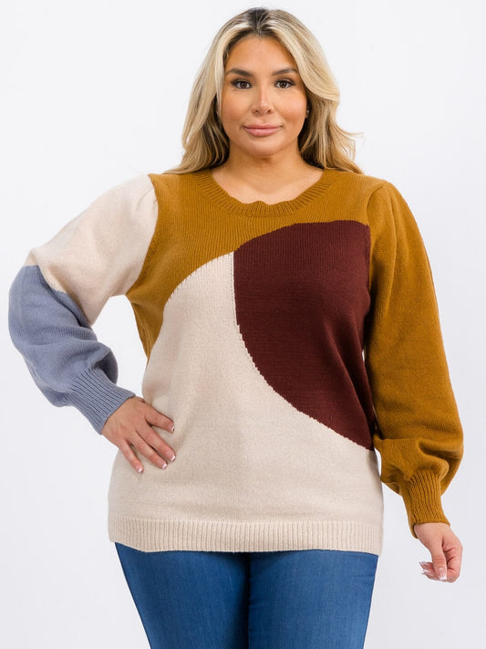 PLUS SIZE COLOR BLOCK SWEATER-CAMEL COMBO