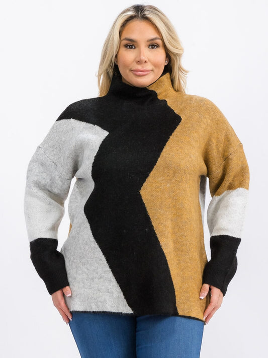 PLUS SIZE COLOR BLOCK SWEATER-MUSTARD MIX