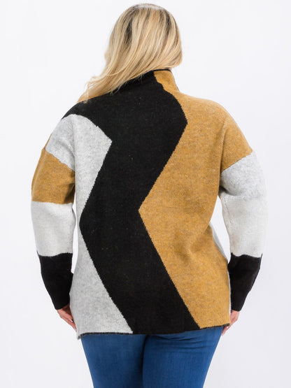 PLUS SIZE COLOR BLOCK SWEATER-MUSTARD MIX