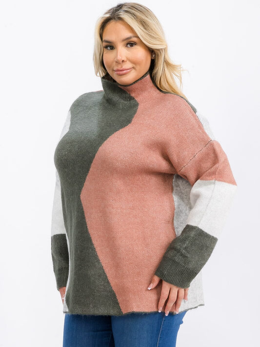 PLUS SIZE COLOR BLOCK SWEATER-MAUVE MIX