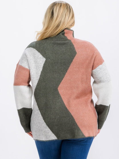 PLUS SIZE COLOR BLOCK SWEATER-MAUVE MIX