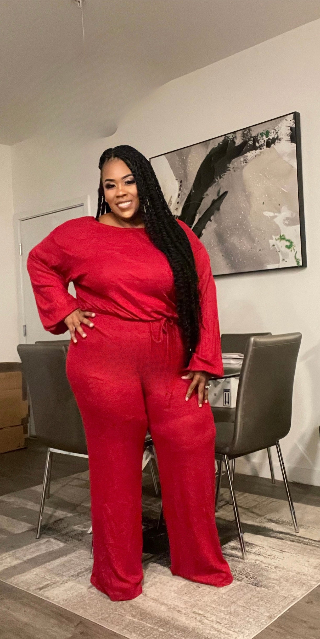 PLUS SIZE 2-PIECE HACI WIDE LEG PANT SET-RED