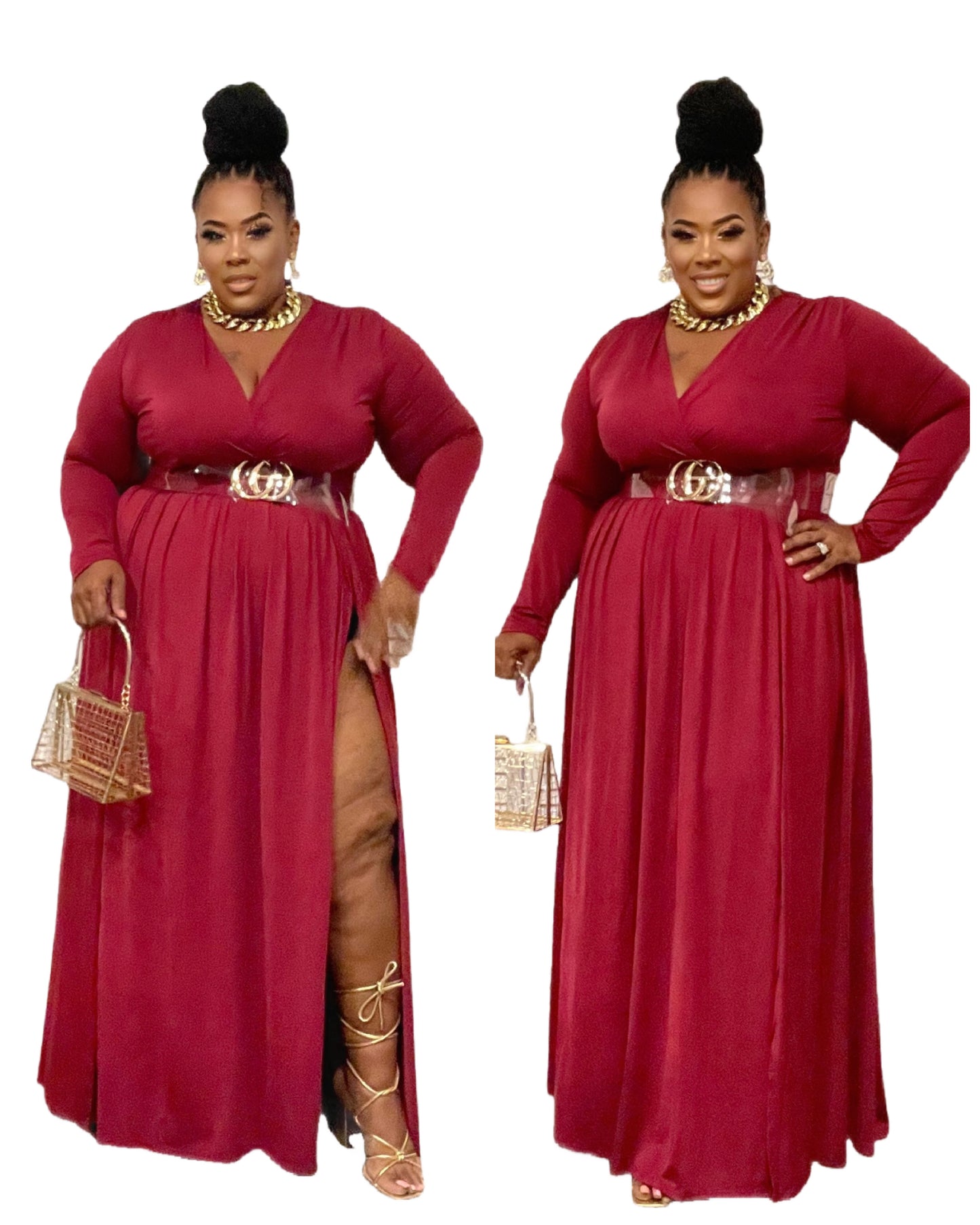 DOUBLE SLIT SEXY MAXI DRESS-BURGUNDY