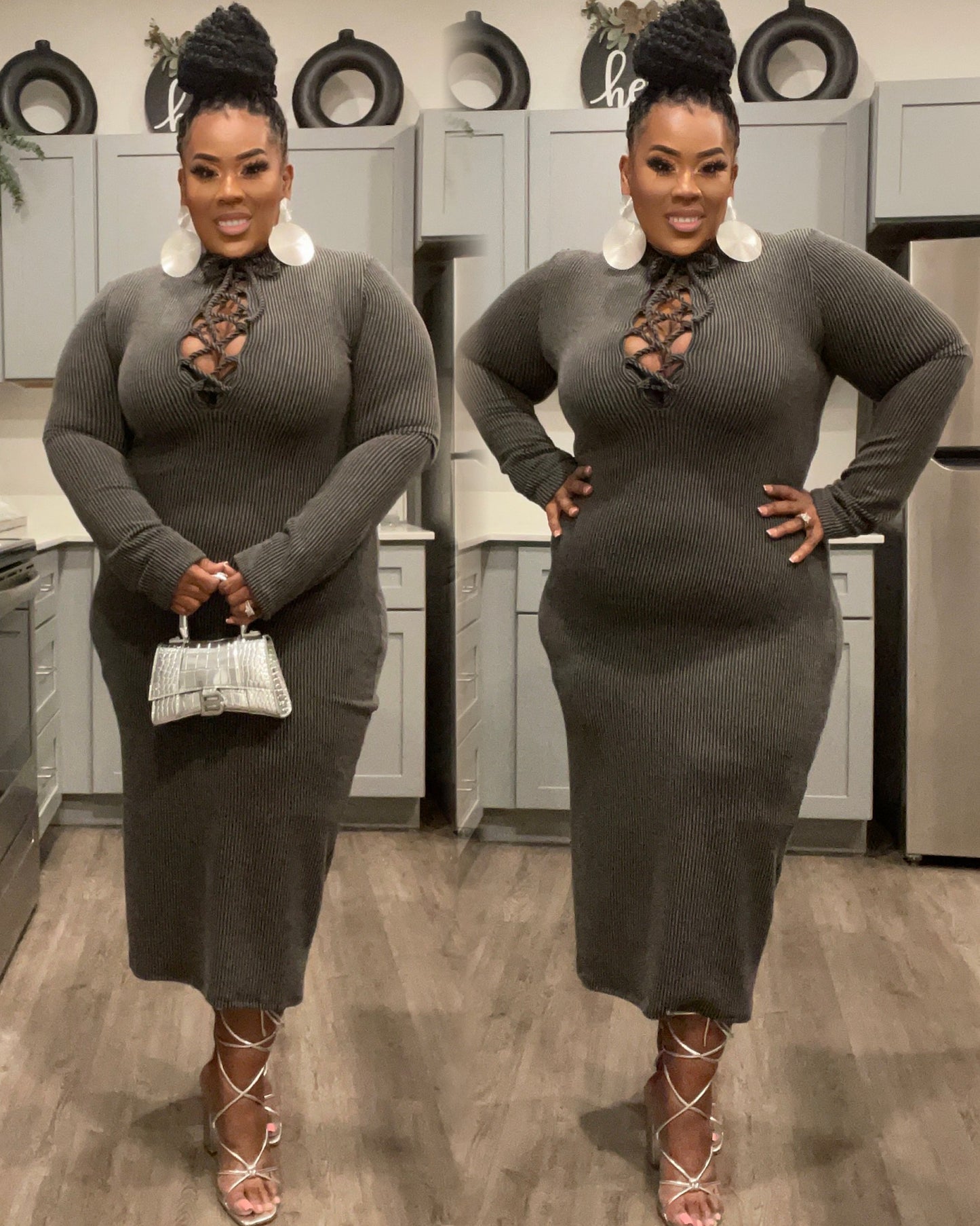 BLACK/GREYISH RIBBED CAGED TIE LONG SLEEVE BODYCON DRESS