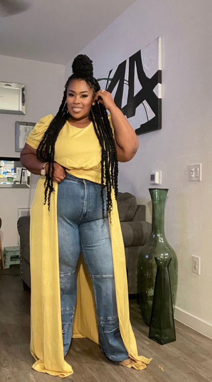 PLUS SIZE LONG FLARE FRONT PUFF SHOULDER TOP-YELLOW