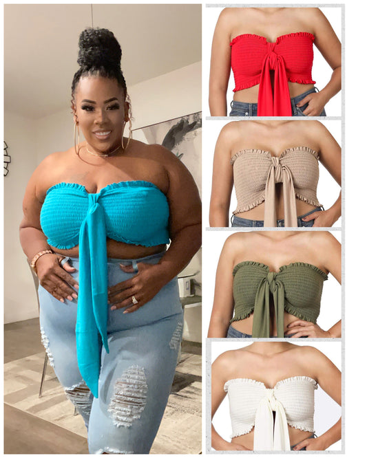 PLUS SIZE PLUS  SMOCKED TIE FRONT TUBE TOP