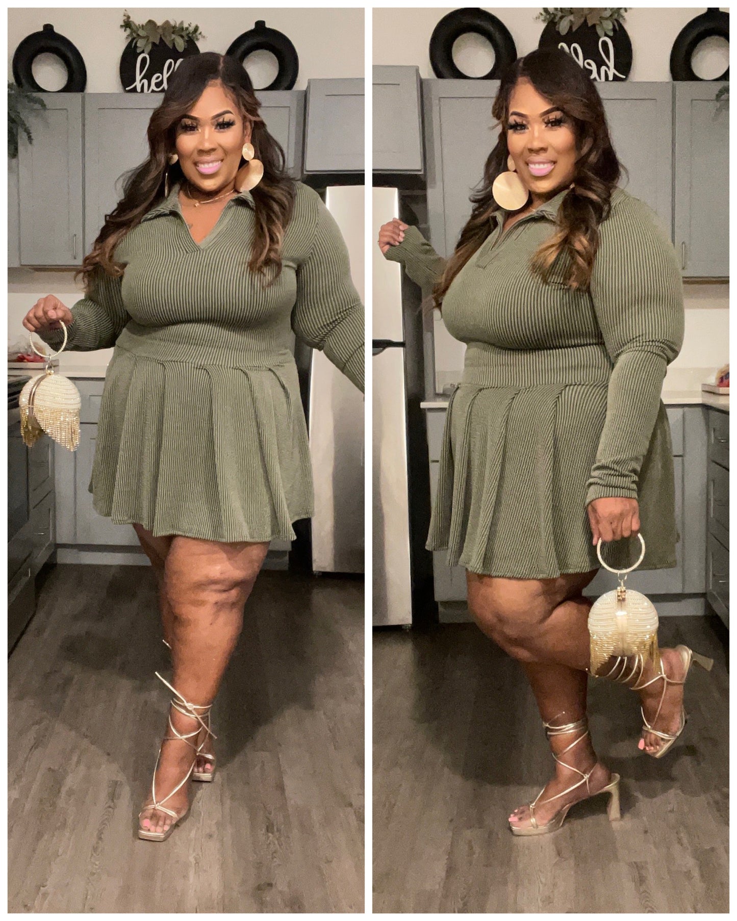 PLUS SIZE LONG SLEEVE RIBBED BABY DOLL DRESS