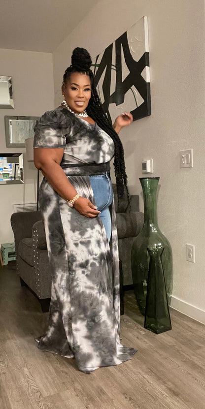 PLUS SIZE LONG FLARE FRONT PUFF SHOULDER TOP-GREY MIX