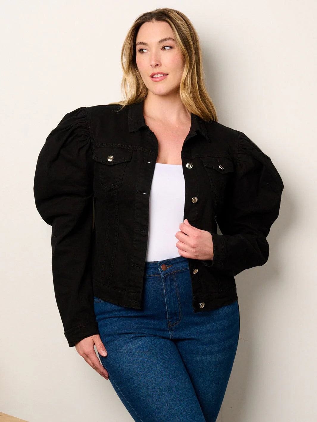 PLUS SIZE PUFF SLEEVE BUTTON DENIM JACKET-BLACK