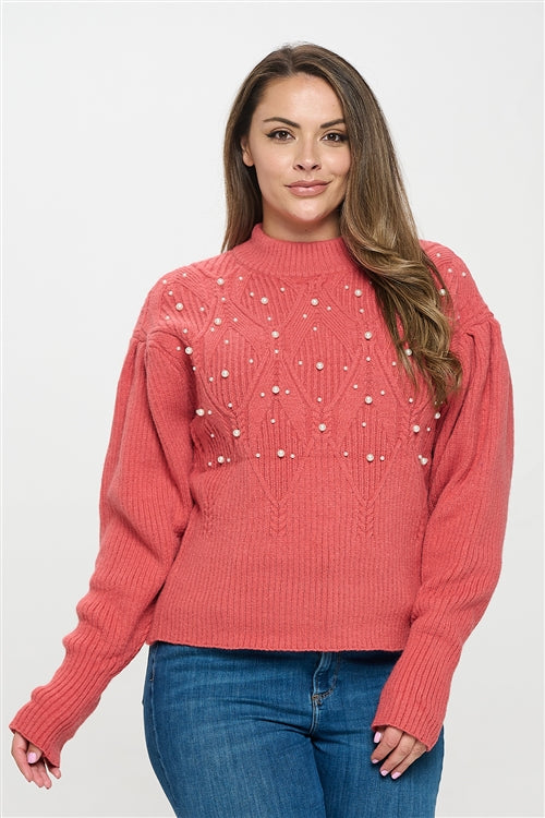 PLUS SIZE CREW NECK PEARL DETAIL RIB SWEATER