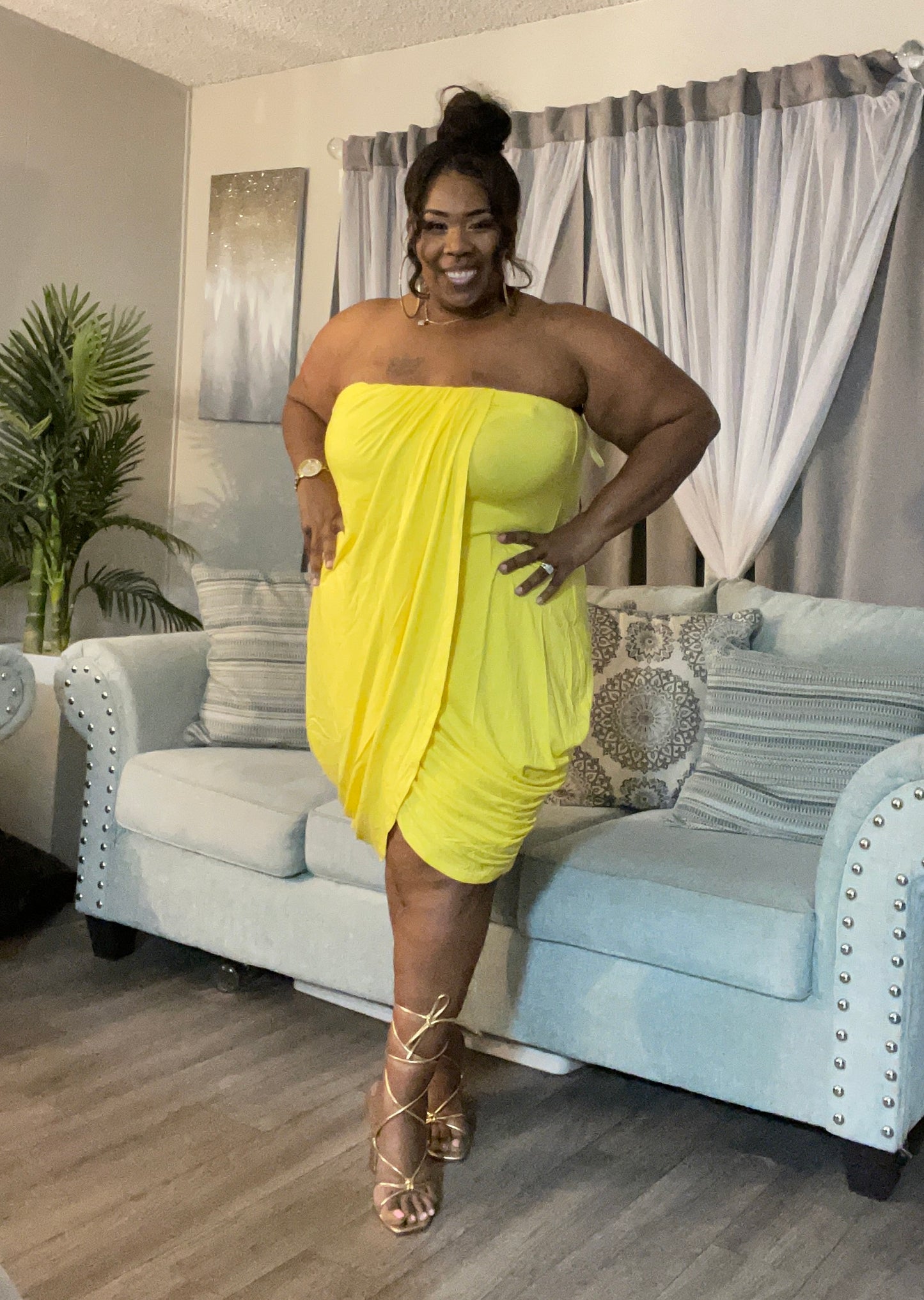 # 19 PLUS SIZE YELLOW HALTER WATERFALL DRESS