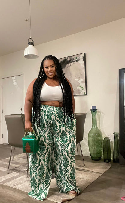 GREEN/WHITE PRINTED OFF SHOULDER 2-PIECE PANT SET