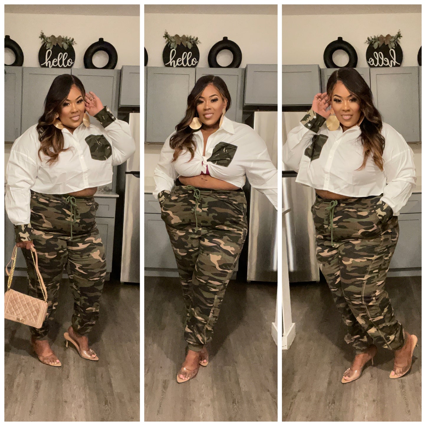 PLUS SIZE WHITE COLLARD TOP W/ CAMO SLEEVE AND POCKET**TOP ONLY**