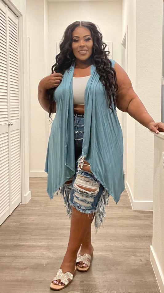 PLUS SIZE DRAPED OPEN FRONT CARDIGAN-DUSTY TEAL