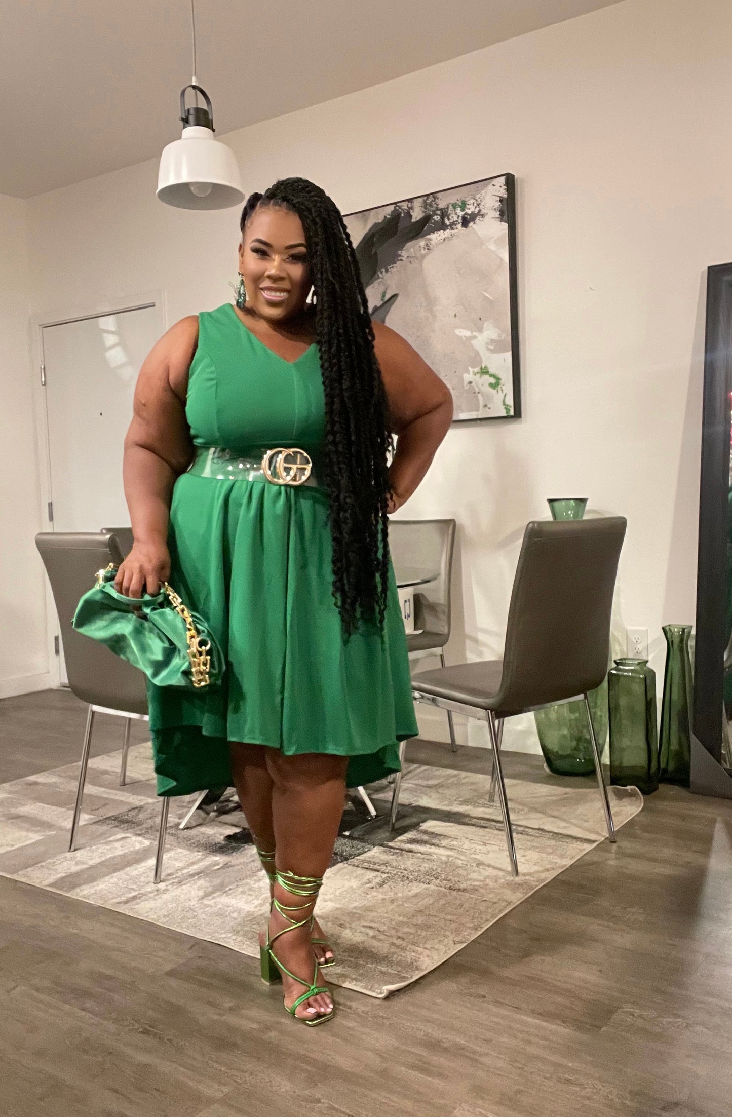 PLUS SIZE SLEEVELESS V-NECK HIGH-LOW MIDI DRESS-KELLY GREEN