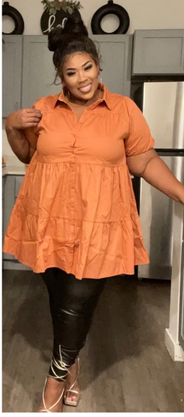 PUFF SLEEVE RUFFLE HEM SHIRT-BUTTER ORANGE