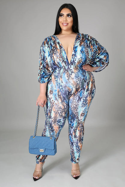 SEXY PLUNGE FRONT/BACK ANIMAL PRINTED JUMPSUIT