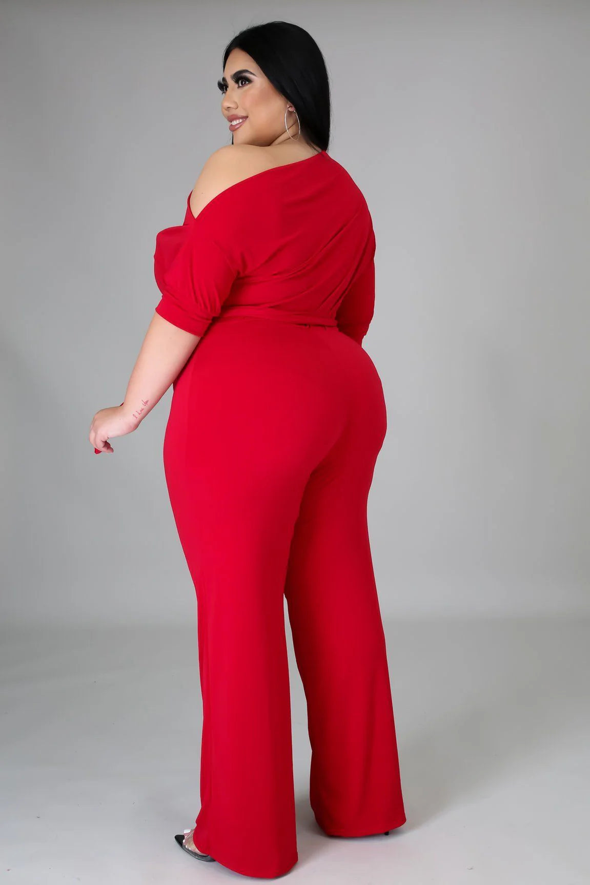 PLUS SIZE WIDE LEG JUMPSUIT W/BELT.-RED-12