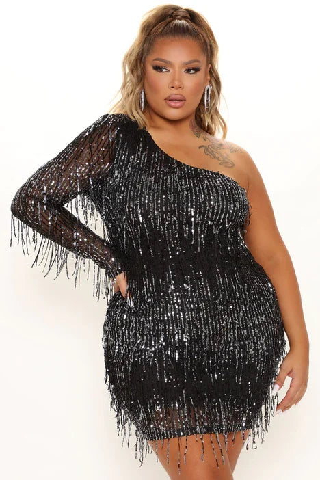 BLACK SILVER ONE SHOULDER BODYCON SEQUIN MINI DRESS