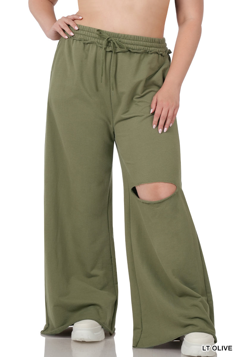 WIDE LEG SLICED KNEE PANTS