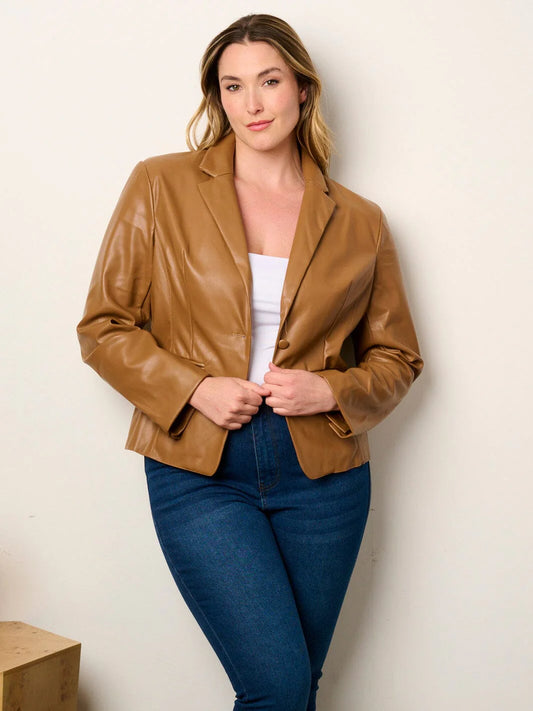 PLUS SIZE FAUX LEATHER JACKET-CAMEL