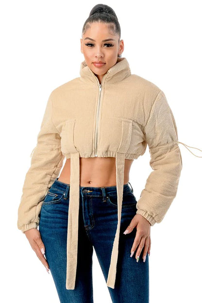 KHAKI Chunky Corduroy Cropped Puffer Jacket