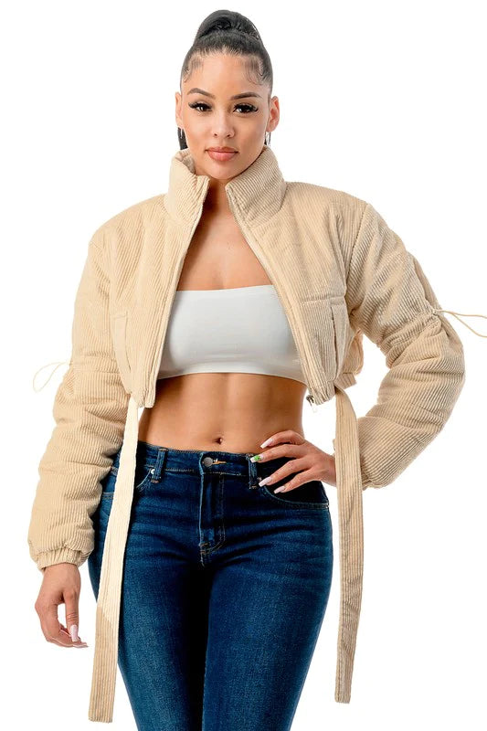 KHAKI Chunky Corduroy Cropped Puffer Jacket