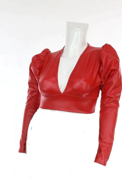 RED FAUX LEATHER PUFF SLEEVE TOP****TOP ONLY***