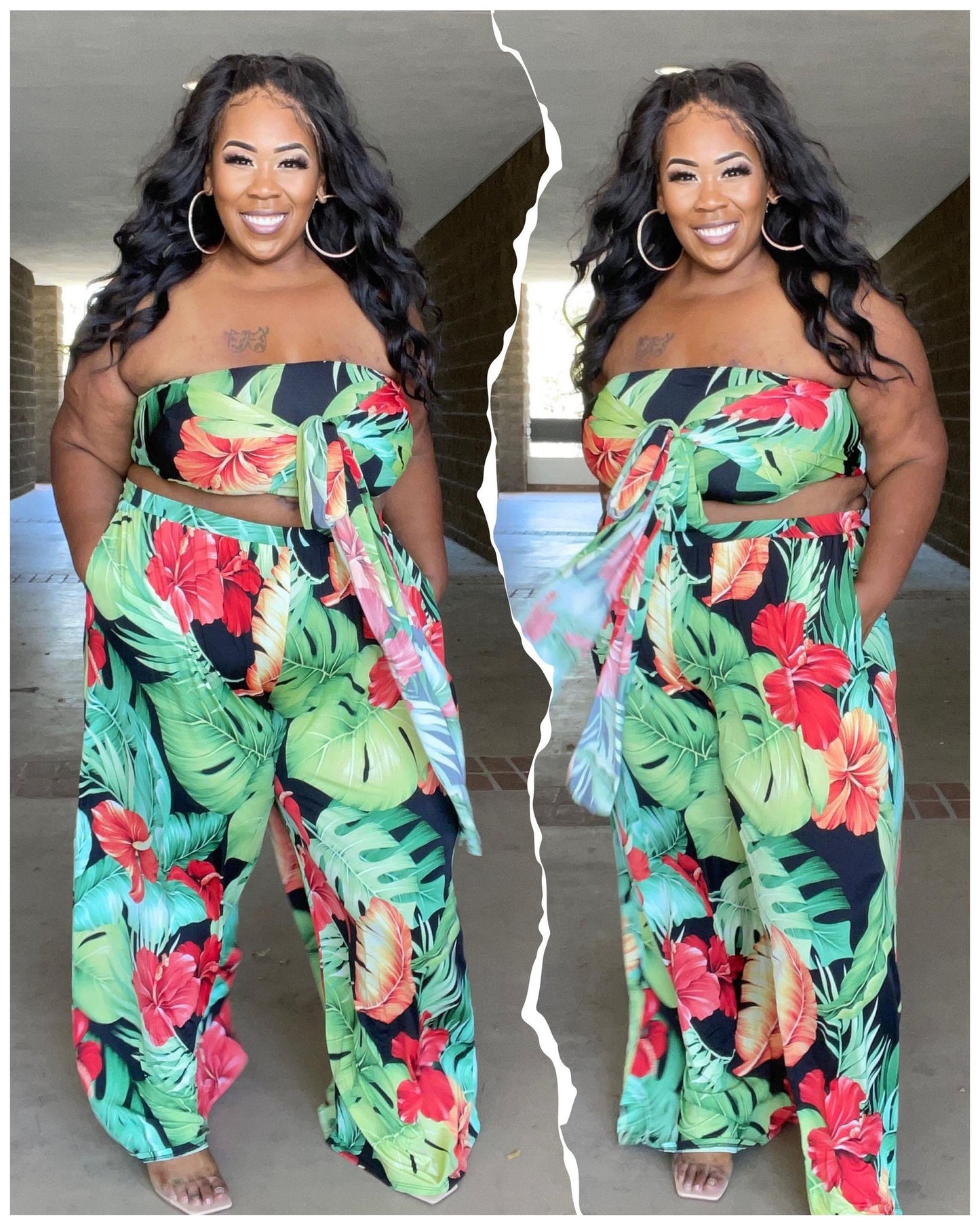 TROPICAL TIE TUBE TOP AND WIDE PANTS SET
