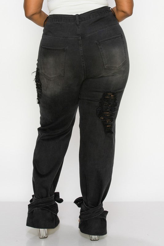 BLACK PLUS SIZE TIE BOTTOM FLARE JEANS