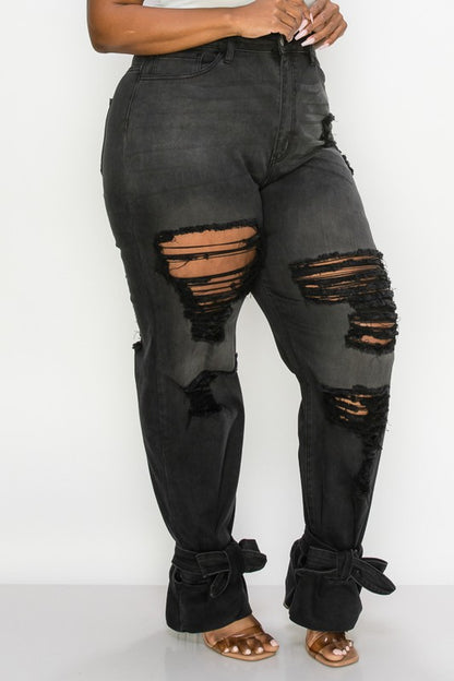 BLACK PLUS SIZE TIE BOTTOM FLARE JEANS