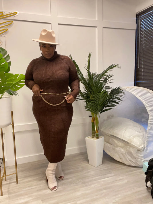 CHOCOLATE PLUS SIZE TURTLENECK CABLE KNIT SWEATER DRESS